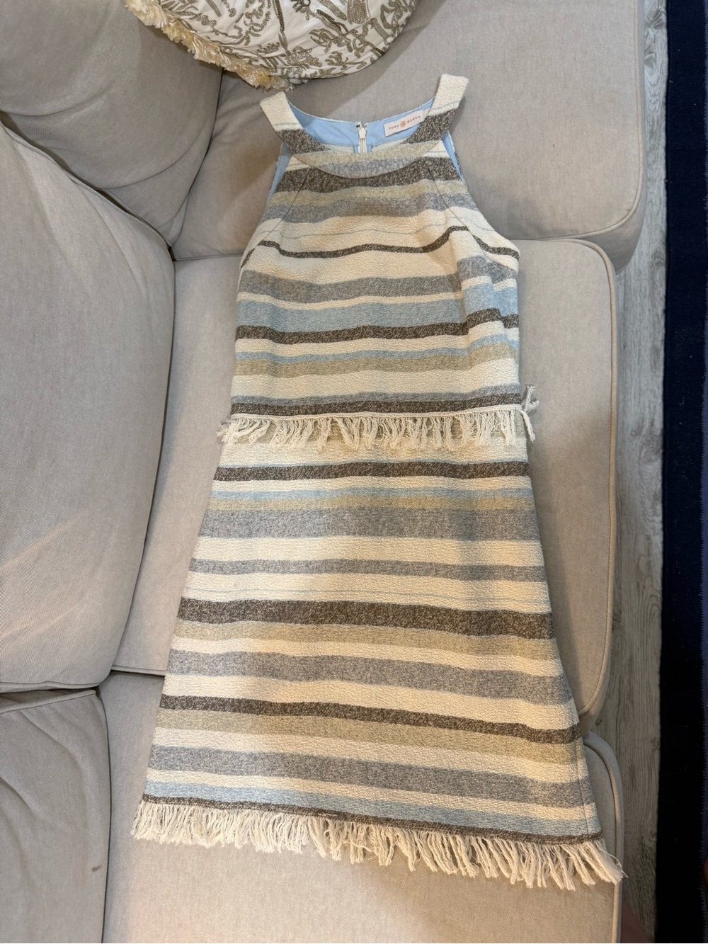 Tory Burch Cream and Blue Striped Fringe Halter Dress